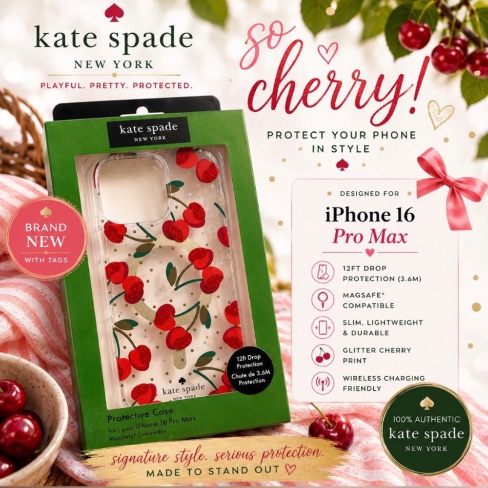 Kate Spade iPhone 16 Pro Max Protective Case - Red Cherry Print w/ Glitter ✨